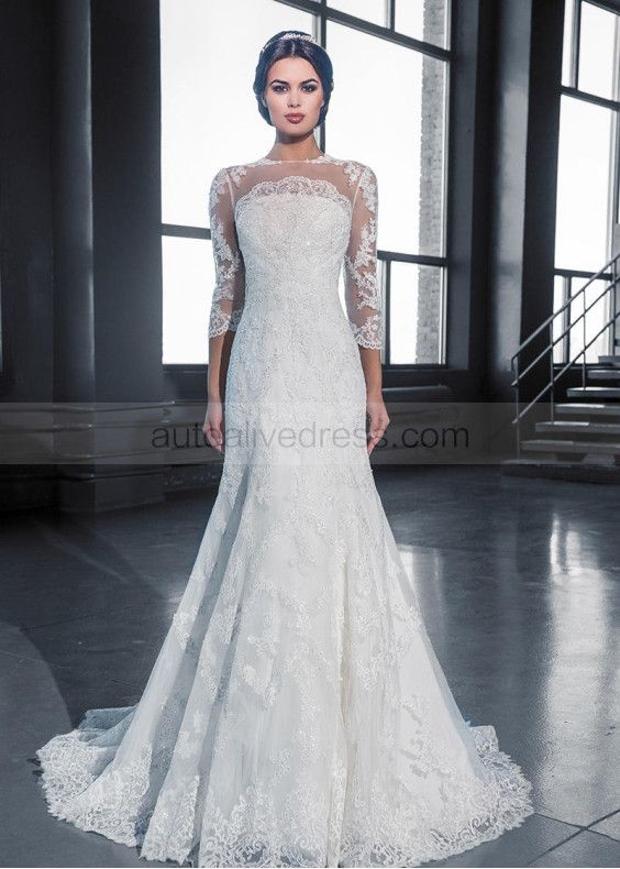 Illusion Neck Ivory Lace Tulle Elegant Wedding Dress